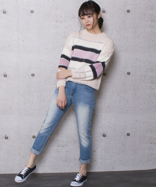 LUGG NAGG（ラグナグ）の「【Jewelobe/ ジュエローブ】モールボーダー ニットトップス（ニット/セーター・レディース・ブラック/ベージュ/ネイビー・FREE）」の6枚目の写真