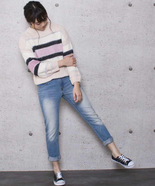 LUGG NAGG（ラグナグ）の「【Jewelobe/ ジュエローブ】モールボーダー ニットトップス（ニット/セーター・レディース・ブラック/ベージュ/ネイビー・FREE）」の4枚目の写真