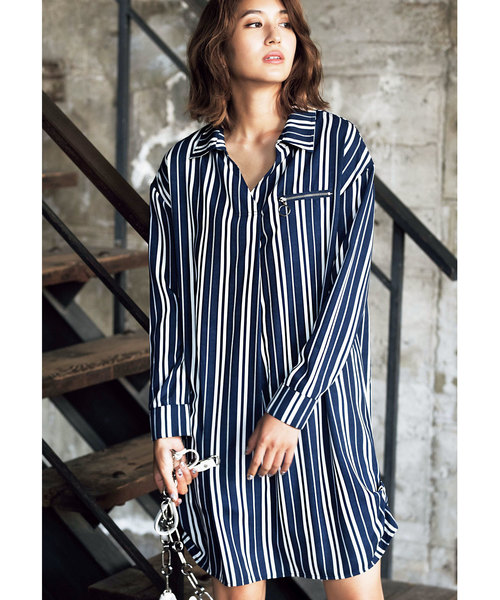GeeRA(ジーラ)の「ファスナー付スキッパーシャツワンピース(ワンピース・レディース・ネイビー/ブラック/オフホワイト・MEDIUM/SMALL/X-LARGE/LARGE)」の1枚目の写真