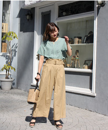 麻混ベルト付ワイドパンツ