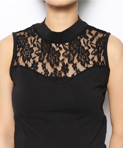 WEGO(ウィゴー)の「WEGO/レース切替ハイネックノースリーブTシャツ(Tシャツ/カットソー・レディース・オフホワイト/ブラック・FREE)」の6枚目の写真