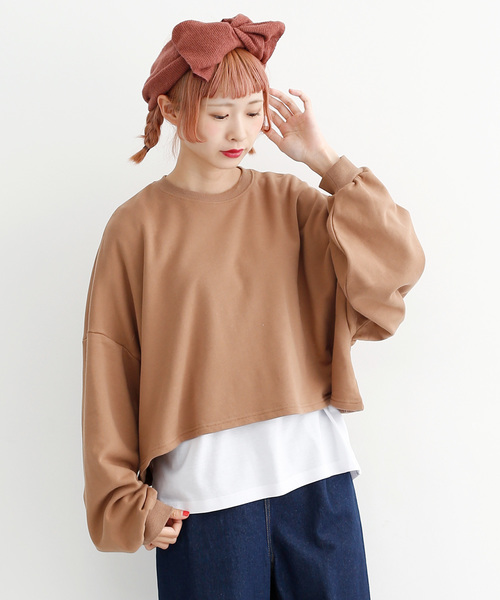 merlot(メルロー)の「ショート丈BIGスリーブプルオーバー079-7260(Tシャツ/カットソー)」|ベージュ