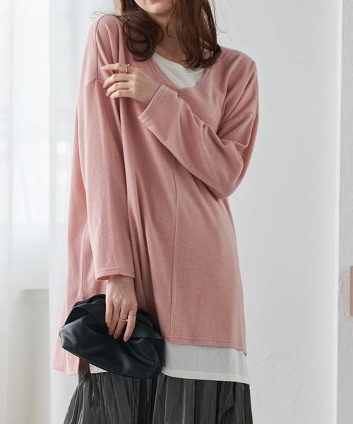 RANAN（ラナン）の「ゆるレイヤードニット風チュニック（Tシャツ/カットソー・レディース・チャコールグレー/ブラック/サンドグレー/ネイビー/ライトベージュ/ブラック系その他/コーラル/ブルーグレー/ピンク/ミント/ライトグレー/アイボリー・M/L/LL/S）」の11枚目の写真