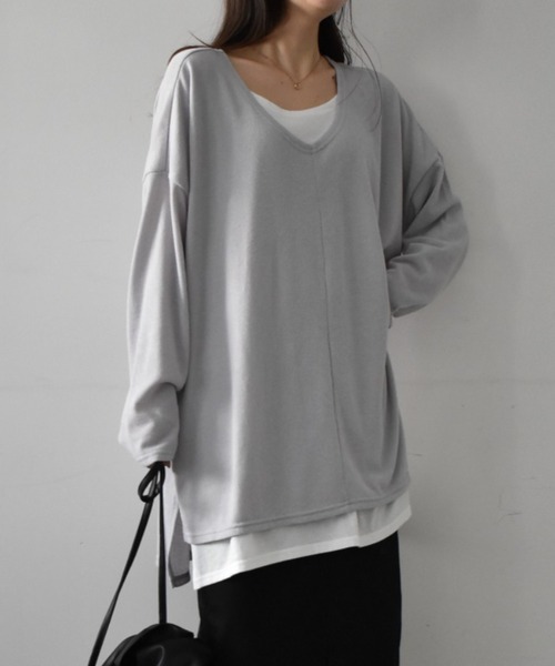 RANAN（ラナン）の「ゆるレイヤードニット風チュニック（Tシャツ/カットソー・レディース・チャコールグレー/ブラック/サンドグレー/ネイビー/ライトベージュ/ブラック系その他/コーラル/ブルーグレー/ピンク/ミント/ライトグレー/アイボリー・M/L/LL/S）」の5枚目の写真
