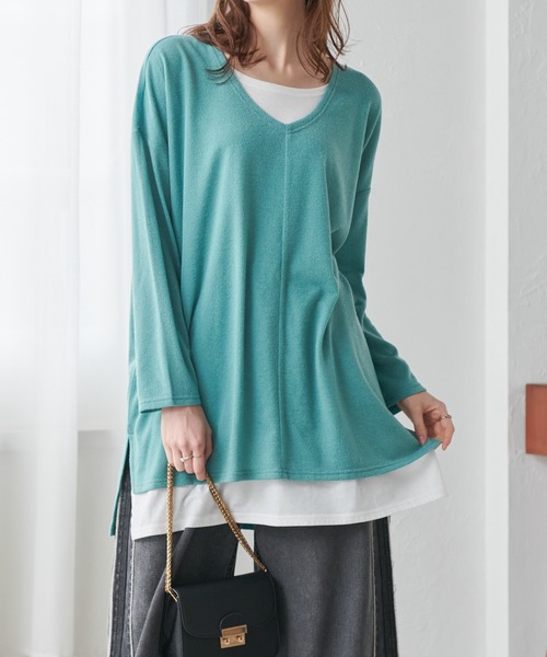 RANAN（ラナン）の「ゆるレイヤードニット風チュニック（Tシャツ/カットソー・レディース・チャコールグレー/ブラック/サンドグレー/ネイビー/ライトベージュ/ブラック系その他/コーラル/ブルーグレー/ピンク/ミント/ライトグレー/アイボリー・M/L/LL/S）」の9枚目の写真