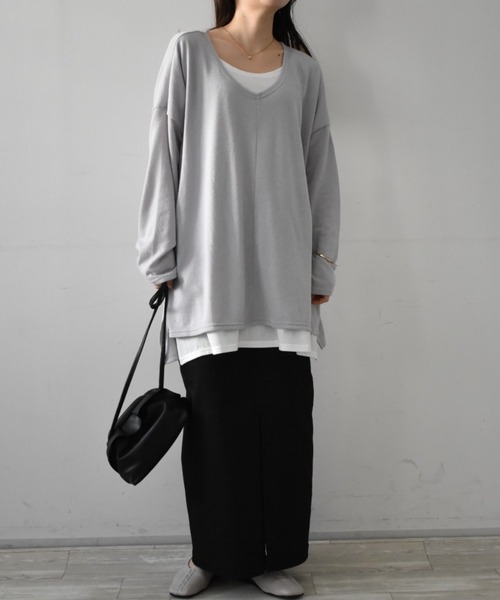 RANAN（ラナン）の「ゆるレイヤードニット風チュニック（Tシャツ/カットソー・レディース・チャコールグレー/ブラック/サンドグレー/ネイビー/ライトベージュ/ブラック系その他/コーラル/ブルーグレー/ピンク/ミント/ライトグレー/アイボリー・M/L/LL/S）」の22枚目の写真