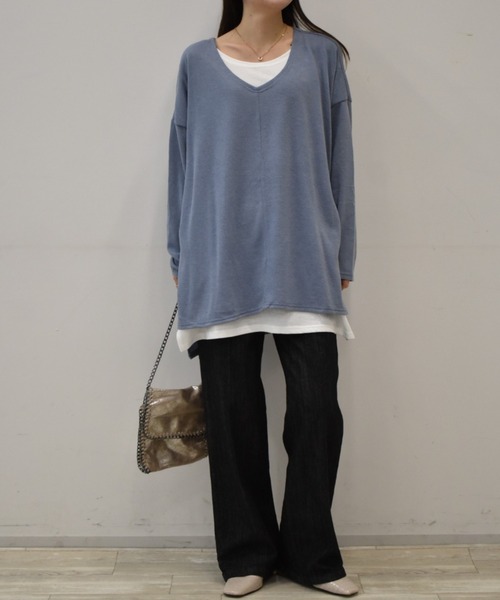 RANAN（ラナン）の「ゆるレイヤードニット風チュニック（Tシャツ/カットソー・レディース・チャコールグレー/ブラック/サンドグレー/ネイビー/ライトベージュ/ブラック系その他/コーラル/ブルーグレー/ピンク/ミント/ライトグレー/アイボリー・M/L/LL/S）」の21枚目の写真