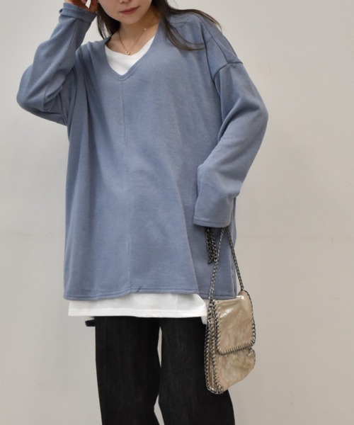 RANAN（ラナン）の「ゆるレイヤードニット風チュニック（Tシャツ/カットソー・レディース・チャコールグレー/ブラック/サンドグレー/ネイビー/ライトベージュ/ブラック系その他/コーラル/ブルーグレー/ピンク/ミント/ライトグレー/アイボリー・M/L/LL/S）」の20枚目の写真