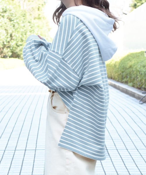 PairPair(ペアペア)の「フード付ボーダーヘンリートップス(パーカー・レディース・サックスブルー/ベージュ・FREE)」の11枚目の写真