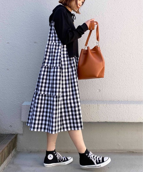 PICCIN(ピッチン)の「チェック切替ティアードパーカーワンピース(ワンピース・レディース・ブラック/オフホワイト・M)」の7枚目の写真