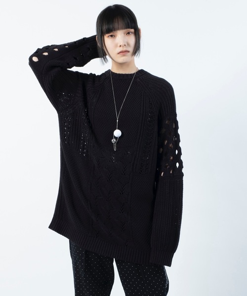 mintdesigns(ミントデザインズ)の「LACE MIX KNIT / レースミックスニット(ニット/セーター・レディース・モカ/ブラック/ホワイト・2)」の3枚目の写真