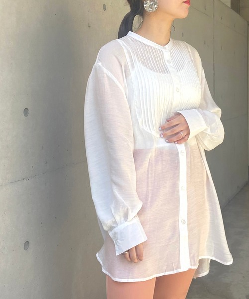 prose verse（プロズヴェール）の「フロントタック入りクラシカルシアーシャツ（シャツ/ブラウス・レディース・オフホワイト/ライム/バイオレット/グレイッシュベージュ・ﾌﾘ-）」の18枚目の写真