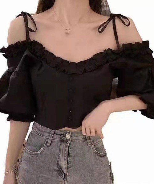 SPIGA（スピーガ）の「肩リボン2wayショート丈TOPS（シャツ/ブラウス・レディース・ホワイト/ブラック・FREE）」の4枚目の写真