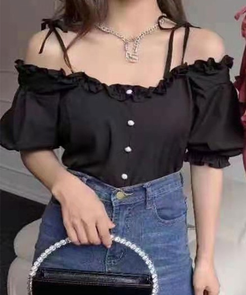 SPIGA（スピーガ）の「肩リボン2wayショート丈TOPS（シャツ/ブラウス・レディース・ホワイト/ブラック・FREE）」の5枚目の写真