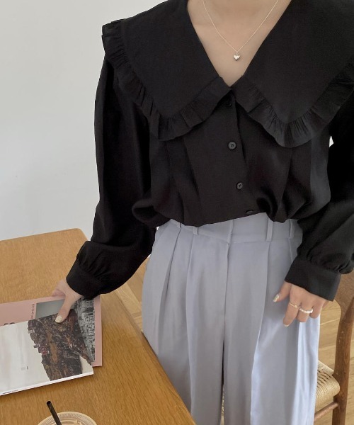 mood for a day（ムードフォーアデイ）の「big collar frill blouse / ビックカラーフリルブラウス（シャツ/ブラウス・レディース・ブラック/アイボリー・FREE）」の15枚目の写真
