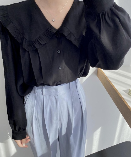 mood for a day（ムードフォーアデイ）の「big collar frill blouse / ビックカラーフリルブラウス（シャツ/ブラウス・レディース・ブラック/アイボリー・FREE）」の11枚目の写真