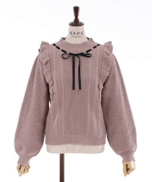 axes femme（アクシーズファム）の「肩フリルニット（ニット/セーター・レディース・チャコール/ピンク/キナリ・MEDIUM）」の3枚目の写真