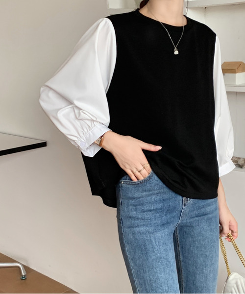 emi+(エミプラス)の「チェック柄ボリュームスリーブブラウス(Tシャツ/カットソー・レディース・ブラック/ネイビー/グレー/ブラック系その他2/ホワイト/ホワイト系その他/ブラック系その他/ベージュ・M/S/L)」の4枚目の写真