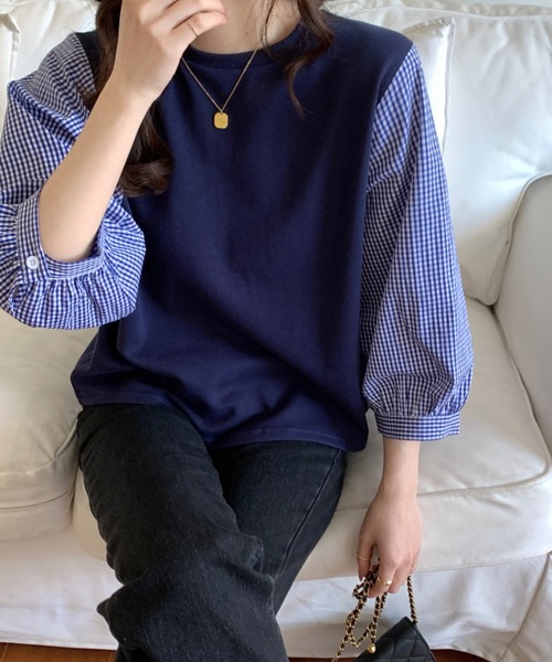 emi+(エミプラス)の「チェック柄ボリュームスリーブブラウス(Tシャツ/カットソー・レディース・ブラック/ネイビー/グレー/ブラック系その他2/ホワイト/ホワイト系その他/ブラック系その他/ベージュ・M/S/L)」の8枚目の写真