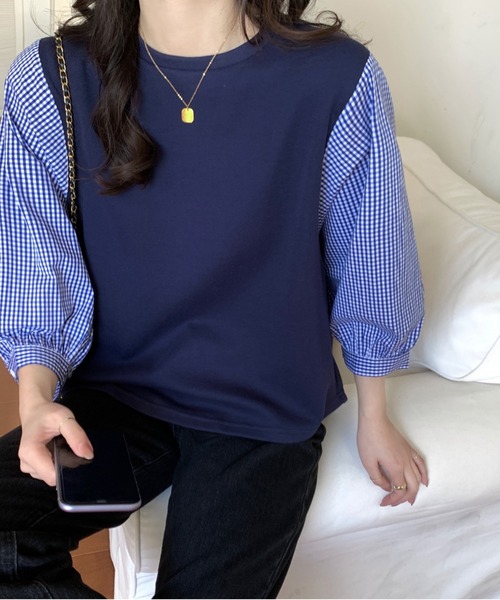 emi+(エミプラス)の「チェック柄ボリュームスリーブブラウス(Tシャツ/カットソー・レディース・ブラック/ネイビー/グレー/ブラック系その他2/ホワイト/ホワイト系その他/ブラック系その他/ベージュ・M/S/L)」の11枚目の写真