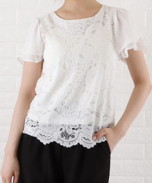 Lace Ladies(レースレディース)の「フロントレース シフォンスリーブ プルオーバー(シャツ/ブラウス・レディース・ホワイト/ネイビー/ブラック/グレー/アイボリー/ベージュ・XL/S/M/L)」の1枚目の写真