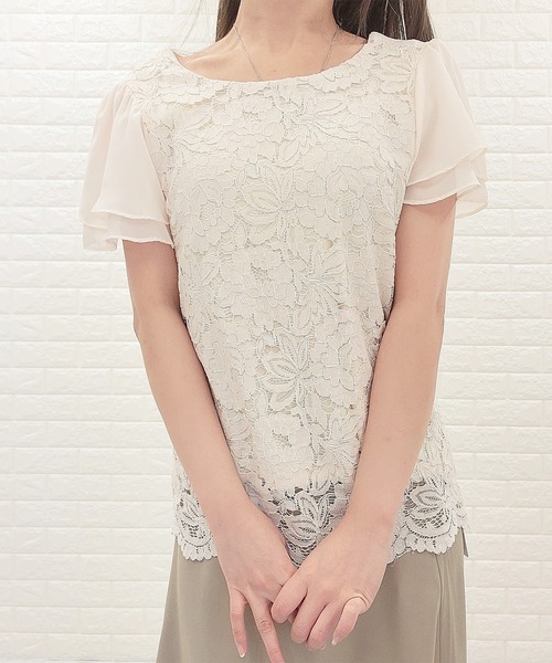 Lace Ladies(レースレディース)の「フロントレース シフォンスリーブ プルオーバー(シャツ/ブラウス・レディース・ホワイト/ネイビー/ブラック/グレー/アイボリー/ベージュ・XL/S/M/L)」の2枚目の写真