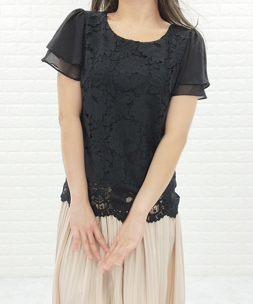 Lace Ladies(レースレディース)の「フロントレース シフォンスリーブ プルオーバー(シャツ/ブラウス・レディース・ホワイト/ネイビー/ブラック/グレー/アイボリー/ベージュ・XL/S/M/L)」の3枚目の写真