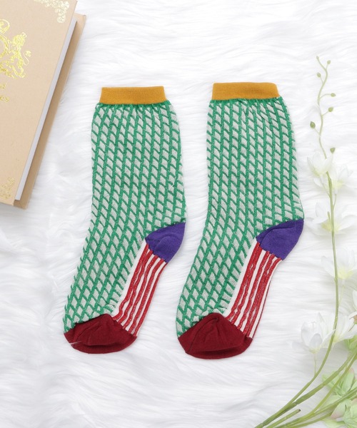セール】【5色組】幾何学柄クルーソックスセット（ソックス/靴下