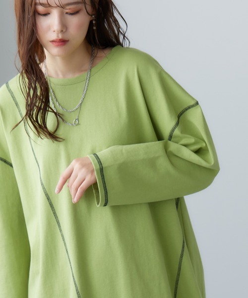 miclat(ミクラ)の「大きいサイズ アウトステッチカットソー miclat(Tシャツ/カットソー・レディース・オフホワイト/ライム・L/LL/4L/3L)」の6枚目の写真