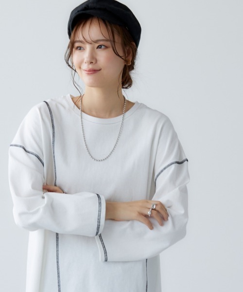 miclat(ミクラ)の「大きいサイズ アウトステッチカットソー miclat(Tシャツ/カットソー・レディース・オフホワイト/ライム・L/LL/4L/3L)」の7枚目の写真