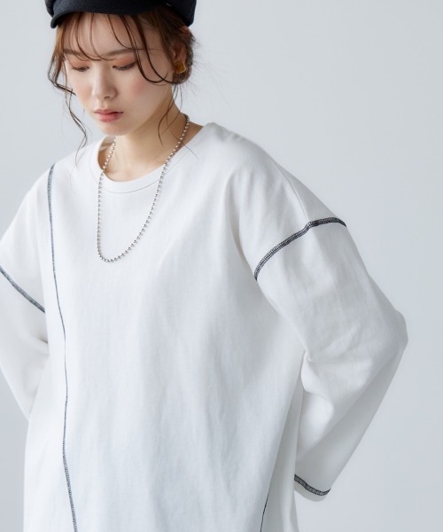 miclat(ミクラ)の「大きいサイズ アウトステッチカットソー miclat(Tシャツ/カットソー・レディース・オフホワイト/ライム・L/LL/4L/3L)」の8枚目の写真