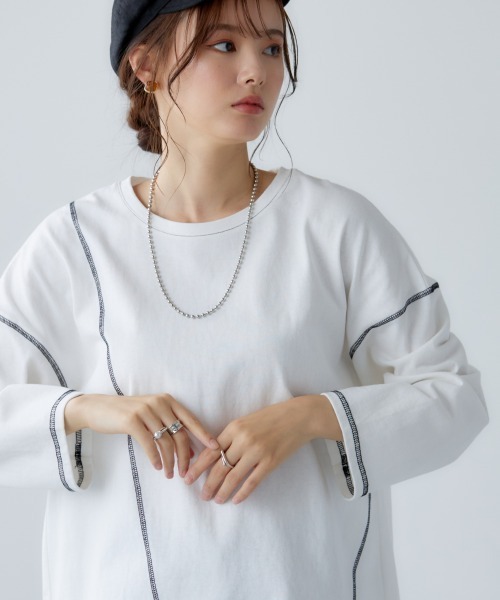 miclat(ミクラ)の「大きいサイズ アウトステッチカットソー miclat(Tシャツ/カットソー・レディース・オフホワイト/ライム・L/LL/4L/3L)」の3枚目の写真