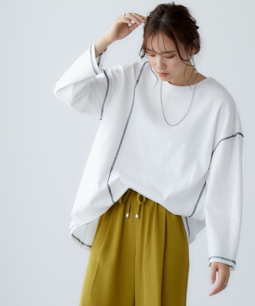 miclat(ミクラ)の「大きいサイズ アウトステッチカットソー miclat(Tシャツ/カットソー・レディース・オフホワイト/ライム・L/LL/4L/3L)」の4枚目の写真
