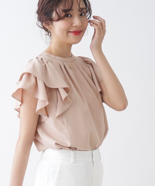 couture brooch（クチュールブローチ）の「◆【前後2WAY/一枚で華やかに決まる。】リネンライクラッフルブラウス（シャツ/ブラウス・レディース・ネイビー/ピンク系/アイボリー・36/38/40/42）」の3枚目の写真