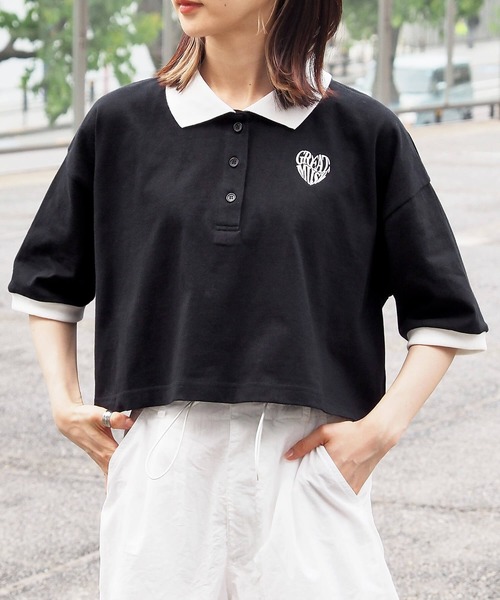 tiptop（ティップトップ）の「ハートロゴポロ衿ショート丈Tシャツ（Tシャツ/カットソー・レディース・オフホワイト/ブラック/ホワイト系その他/ホワイト系その他2/ブラック系その他・FREE）」の5枚目の写真