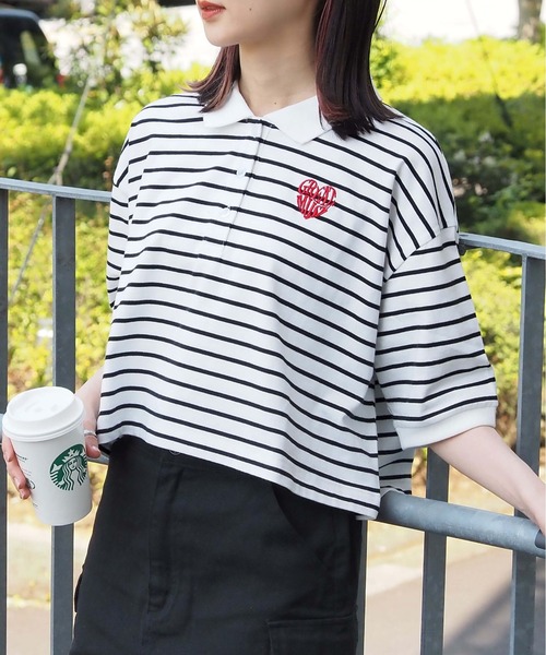 tiptop（ティップトップ）の「ハートロゴポロ衿ショート丈Tシャツ（Tシャツ/カットソー・レディース・オフホワイト/ブラック/ホワイト系その他/ホワイト系その他2/ブラック系その他・FREE）」の15枚目の写真