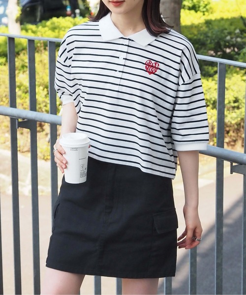 tiptop（ティップトップ）の「ハートロゴポロ衿ショート丈Tシャツ（Tシャツ/カットソー・レディース・オフホワイト/ブラック/ホワイト系その他/ホワイト系その他2/ブラック系その他・FREE）」の20枚目の写真