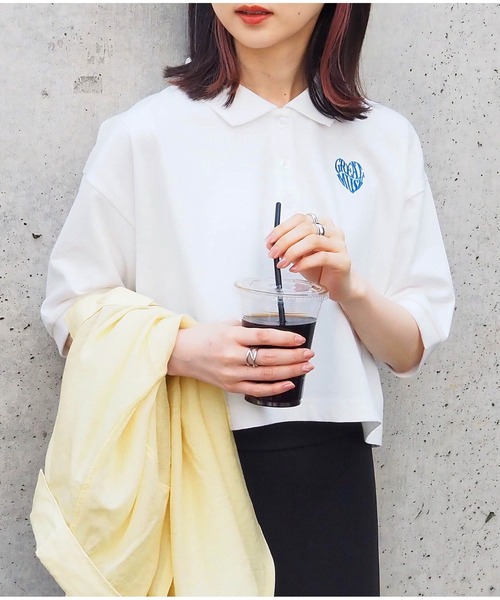 tiptop（ティップトップ）の「ハートロゴポロ衿ショート丈Tシャツ（Tシャツ/カットソー・レディース・オフホワイト/ブラック/ホワイト系その他/ホワイト系その他2/ブラック系その他・FREE）」の8枚目の写真