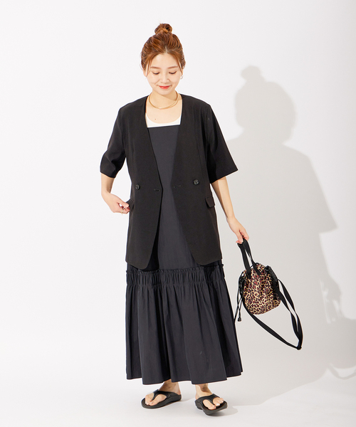 JOURNAL STANDARD(ジャーナルスタンダード)の「アイアスストレッチハーフスリーブジャケット(ノーカラージャケット・レディース・ベージュ/ブラック/ブラック系その他・FREE)」の9枚目の写真