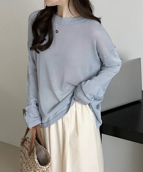 me+em select(ミームセレクト)の「【 選べる7color 】ニュアンスカラーバックスリットオーバーシアーニット / nuance color back slit over sheer knit(ニット/セーター・レディース・イエロー/ブルー/グリーン/アイボリー/グレー/ブラック/モカ・FREE)」の2枚目の写真