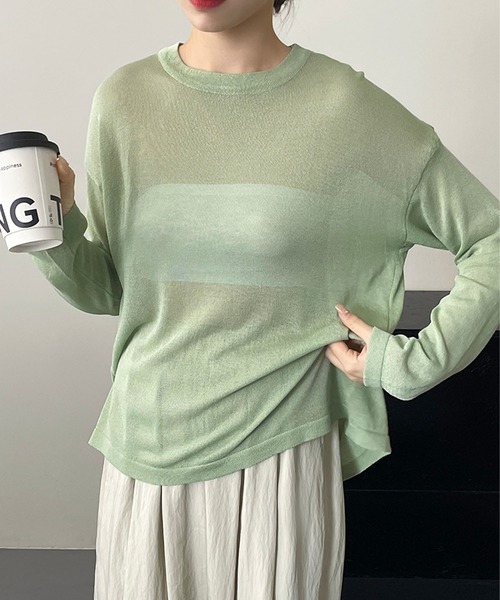 me+em select(ミームセレクト)の「【 選べる7color 】ニュアンスカラーバックスリットオーバーシアーニット / nuance color back slit over sheer knit(ニット/セーター・レディース・イエロー/ブルー/グリーン/アイボリー/グレー/ブラック/モカ・FREE)」の6枚目の写真