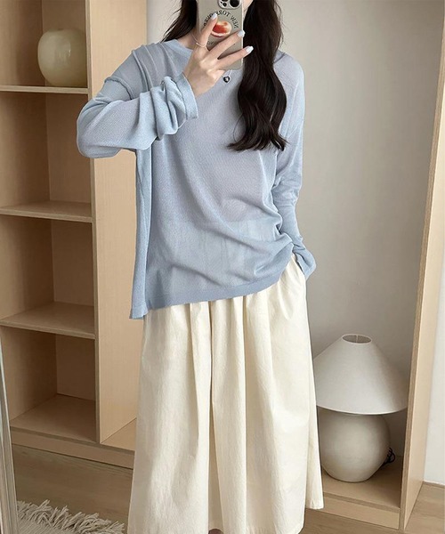 me+em select(ミームセレクト)の「【 選べる7color 】ニュアンスカラーバックスリットオーバーシアーニット / nuance color back slit over sheer knit(ニット/セーター・レディース・イエロー/ブルー/グリーン/アイボリー/グレー/ブラック/モカ・FREE)」の18枚目の写真