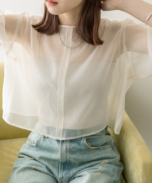 mystic（ミスティック）の「シアーTブラウス（シャツ/ブラウス・レディース・グリーン/アイボリー・FREE）」の3枚目の写真