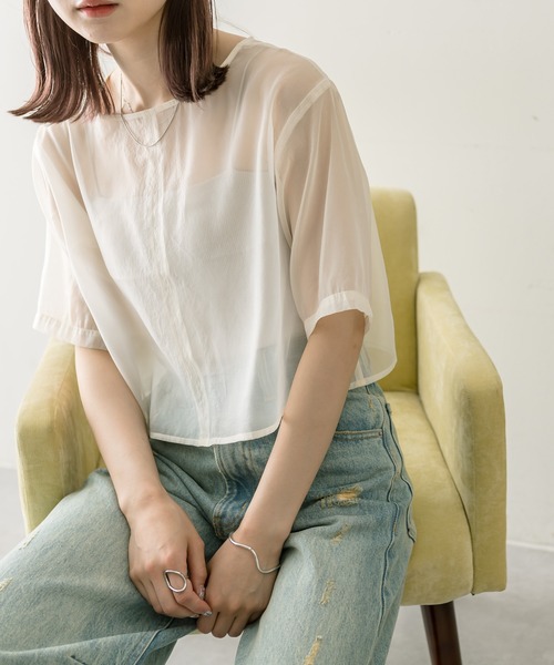 mystic（ミスティック）の「シアーTブラウス（シャツ/ブラウス・レディース・グリーン/アイボリー・FREE）」の4枚目の写真