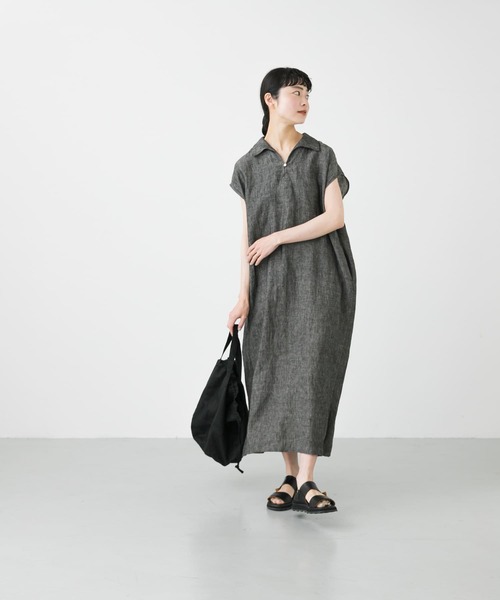 ❤　慈雨　ステキなグレーのワンピース　❤ かぐれ（カグレ）の「リネンスキッパーワンピース（ワンピース