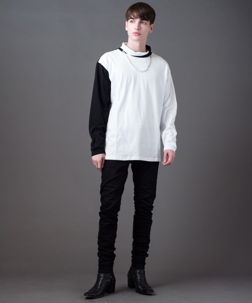 Buffalo Bobs（バッファローボブズ）の「COLLO ALTO W/CHAIN(コッロアルト)モックネック カラーブロック ドロップショルダーTシャツ（Tシャツ/カットソー・メンズ・ホワイト/ブラック・2-3/1-2）」の3枚目の写真
