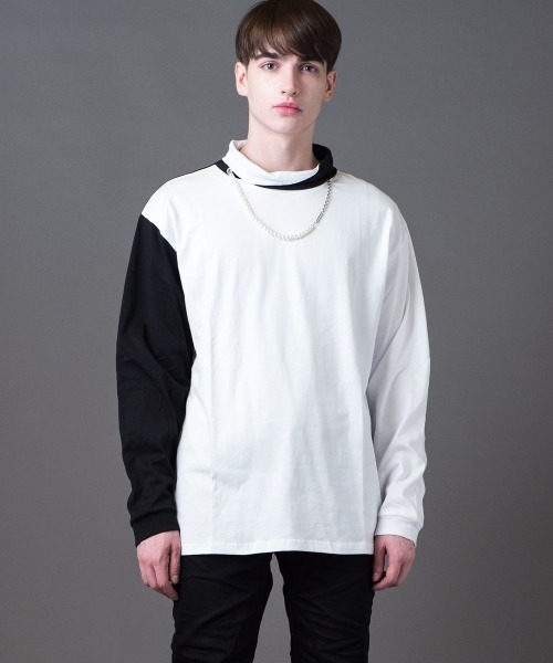 Buffalo Bobs（バッファローボブズ）の「COLLO ALTO W/CHAIN(コッロアルト)モックネック カラーブロック ドロップショルダーTシャツ（Tシャツ/カットソー・メンズ・ホワイト/ブラック・2-3/1-2）」の8枚目の写真