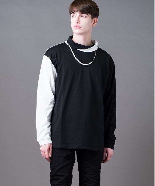 Buffalo Bobs（バッファローボブズ）の「COLLO ALTO W/CHAIN(コッロアルト)モックネック カラーブロック ドロップショルダーTシャツ（Tシャツ/カットソー・メンズ・ホワイト/ブラック・2-3/1-2）」の4枚目の写真