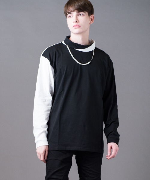 Buffalo Bobs（バッファローボブズ）の「COLLO ALTO W/CHAIN(コッロアルト)モックネック カラーブロック ドロップショルダーTシャツ（Tシャツ/カットソー・メンズ・ホワイト/ブラック・2-3/1-2）」の6枚目の写真
