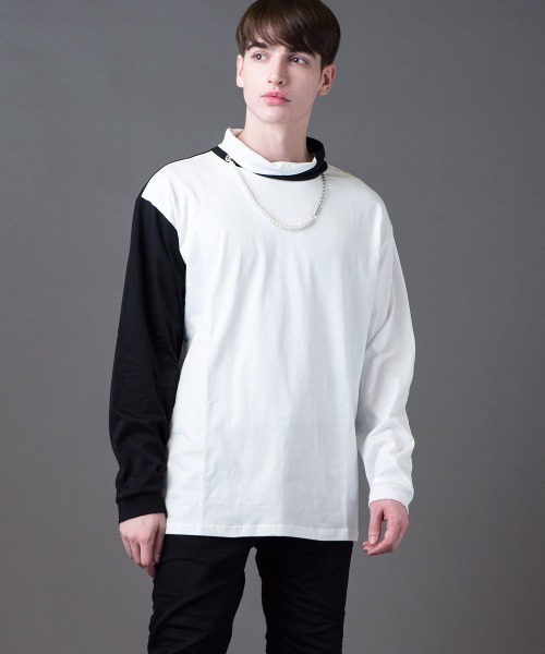 Buffalo Bobs（バッファローボブズ）の「COLLO ALTO W/CHAIN(コッロアルト)モックネック カラーブロック ドロップショルダーTシャツ（Tシャツ/カットソー・メンズ・ホワイト/ブラック・2-3/1-2）」の5枚目の写真